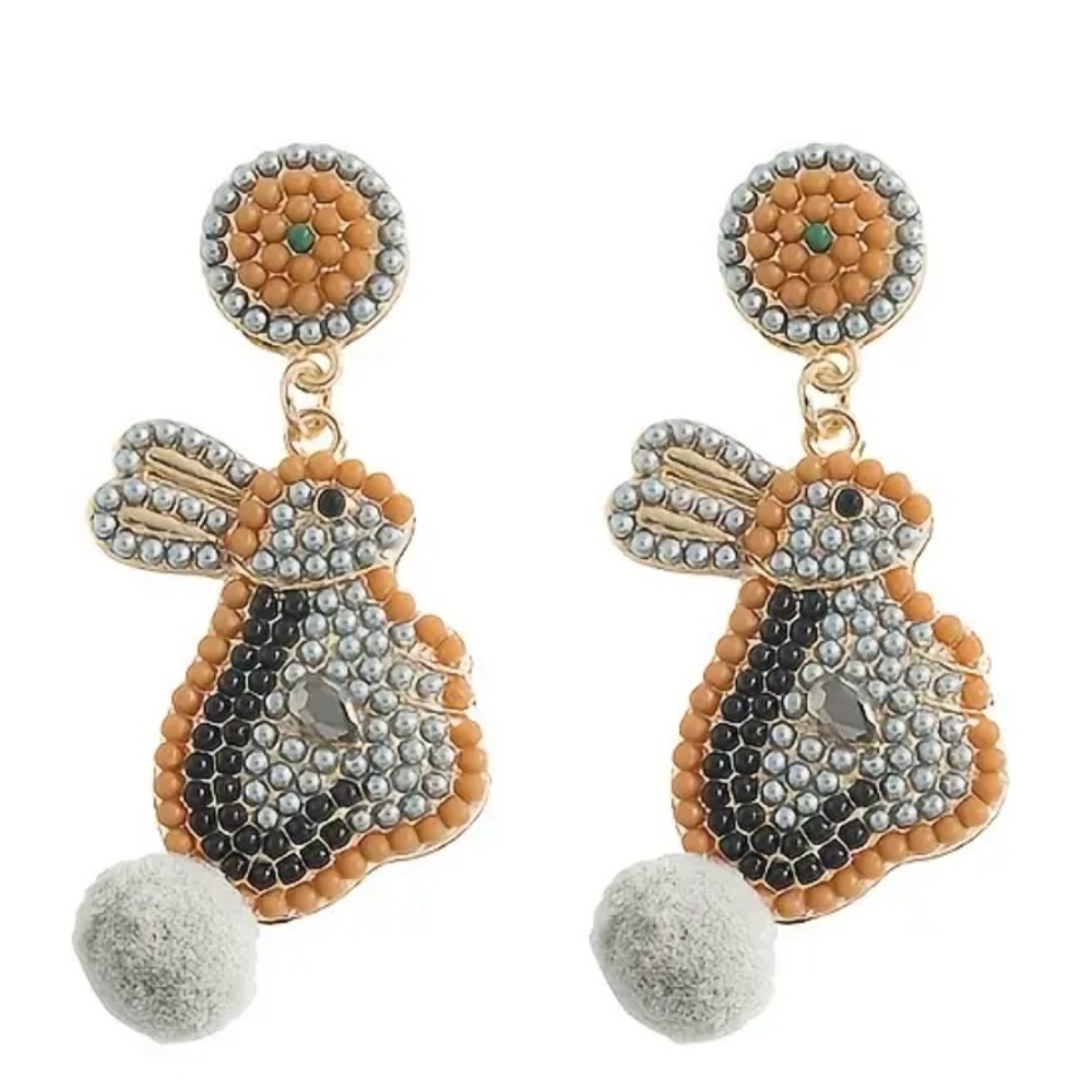 Easter Rabbit/Bunny Cream Brown Black Dangle Seed Bead Rhinestone Earrings